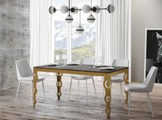 Table rectangulaire extensible orientale 6 à 20 personnes L 180 à 440 cm bois foncé et cadre métal doré Kazay