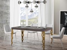 Table rectangulaire extensible orientale 6 à 20 personnes L 180 à 440 cm bois foncé et pieds métal doré Kazay