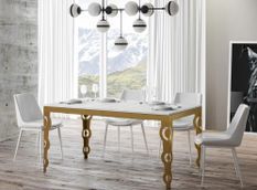 Table rectangulaire extensible orientale 6 à 20 personnes L 180 à 440 cm frêne blanc et cadre métal doré Kazay
