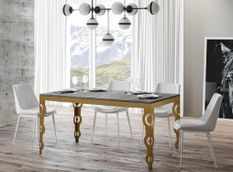 Table rectangulaire extensible orientale 6 à 20 personnes L 180 à 440 cm gris béton et cadre métal doré Kazay