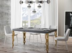 Table rectangulaire extensible orientale 6 à 20 personnes L 180 à 440 cm gris béton et pieds métal doré Kazay