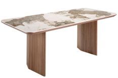 Table rectangulaire Mozer 200 cm - Noyer et plateau en porcelaine blanche effet Marbre veines aux nuances terre