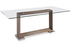Table rectangulaire plateau verre trempé et pieds bois noyer Roka 200 cm