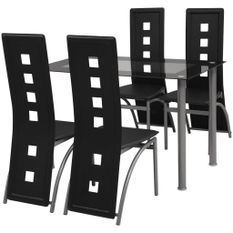Table rectangulaire verre trempé noir et 4 chaises simili noir Vamier