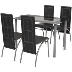 Table rectangulaire verre trempé noir et 4 chaises simili noir Vicka