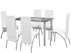 Table rectangulaire verre trempé noir et 6 chaises simili blanc Vicka