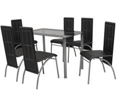 Table rectangulaire verre trempé noir et 6 chaises simili noir Vicka