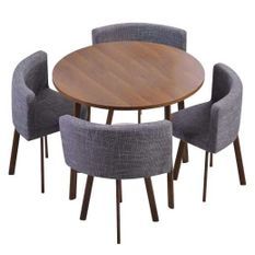 Table ronde bois chêne foncé et 4 chaises tissu gris Manda