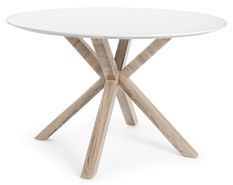 Table ronde bois laqué blanc et pieds bois effet naturel Kinka 120 cm