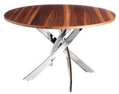 Table ronde design acier chromé et bois noyer Reina 120 cm