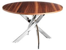 Table ronde design acier chromé et bois noyer Reina 130 cm