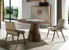 Table ronde Kloser 135 cm - Noyer et plateau tournant en porcelaine blanche effet Marbre