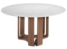 Table ronde Kloser - Porcelaine blanche effet marbre et plateau tournant en Noyer