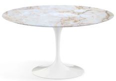 Table tulipe ronde 150 cm marbre calacatta doré pied blanc mat