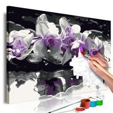 Tableau à peindre par soi-même Orchidée violette (fond noir et reflet dans l'eau)
