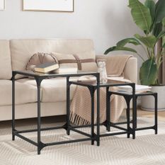 Tables basses gigognes 3 pcs dessus en verre noir acier