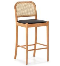 Tabouret de bar bois, simili cuir et rotin SAMY - Hauteur d'assise 69 cm