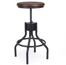 Tabouret rond industriel KUBA – Bois de manguier & fer noir – Hauteur réglable