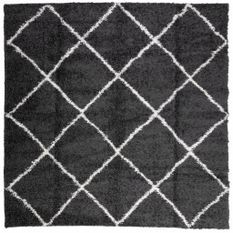 Tapis shaggy à poils longs moderne noir et crème 120x120 cm