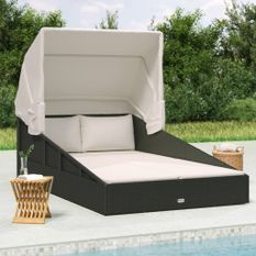 Transat avec toit pliable noir 200x114x128 cm résine tressée