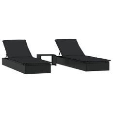 Transats 2 pcs avec table noir résine tressée