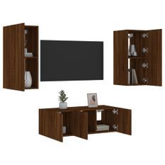 Unités murales TV avec LED 4 pcs chêne marron bois d'ingénierie