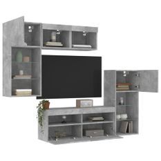 Unités murales TV avec LED 5 pcs gris béton bois d'ingénierie