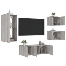 Unités murales TV avec LED 5 pcs gris sonoma bois d'ingénierie