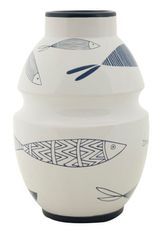 Vase décoratif céramique blanche poissons bleus compact MARIN