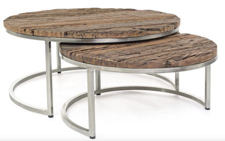 2 tables basses gigognes LIKANO – bois massif recyclé & acier nickel – Ø70 et Ø90 cm