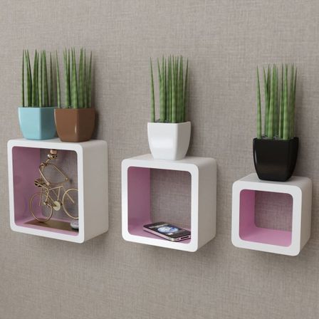 3 Etagères cubes murales en MDF Blanc-Rose pour Livres/DVD