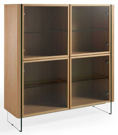 Bahut haut 4 portes bois plaqué chêne et pieds verre trempé Zooka