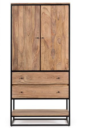 Armoire 2 portes 2 tiroirs KLAZIK 90 cm bois clair de Sheesham et acier noir
