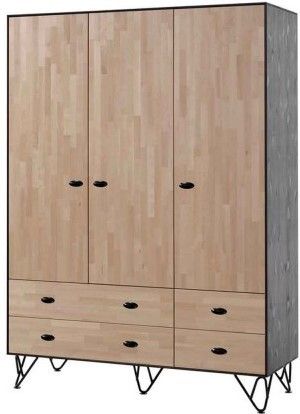 Armoire 3 portes 4 tiroirs bois massif clair et gris Arna