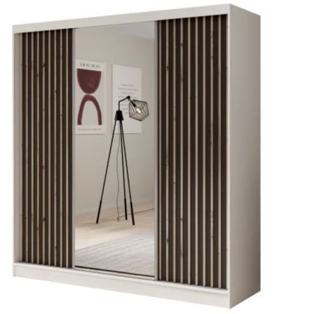 Armoire coulissante ANTIKA 200 cm avec miroir et lattes décor bois