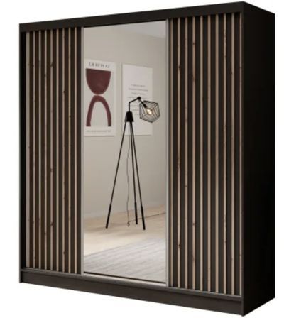 Armoire coulissante ANTIKA 200 cm avec miroir et lattes décor bois