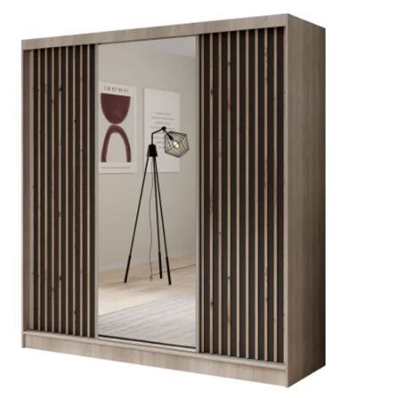 Armoire coulissante ANTIKA 200 cm avec miroir et lattes décor bois