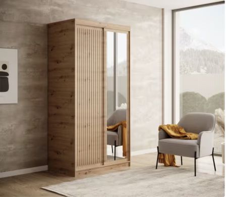 Armoire coulissante BIZEN avec lames décor bois et miroir