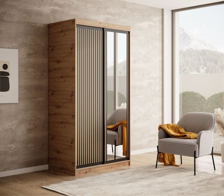 Armoire coulissante BIZEN avec lames décor bois et miroir