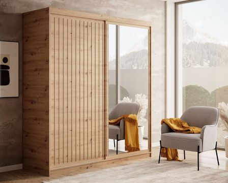 Armoire coulissante BIZEN avec lames décor bois et miroir