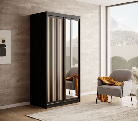 Armoire coulissante BIZEN avec lames décor bois et miroir