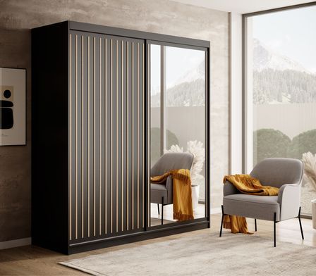 Armoire coulissante BIZEN avec lames décor bois et miroir