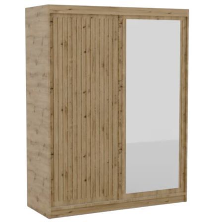 Armoire coulissante BIZEN avec lames décor bois et miroir – Moderne et chaleureux