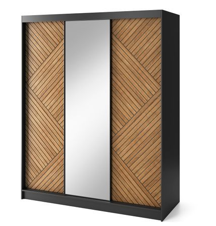 Armoire coulissante SOKAT avec miroir – Chêne caramel & noir mat