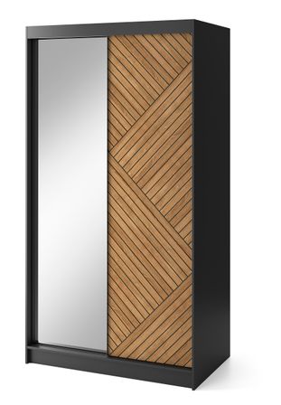 Armoire coulissante SOKAT avec miroir – Chêne caramel & noir mat