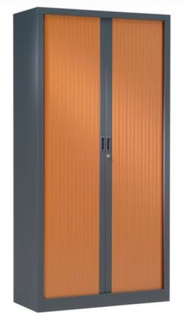 Armoire de bureau à rideaux anthracite 2 portes coulissantes merisier Klass L 90 x H 180 x P 43 cm