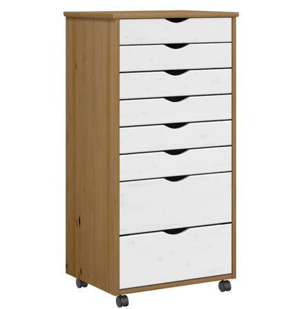 Armoire de bureau en bois pin massif sur roulettes Klasko H 103 cm - 8 tiroirs