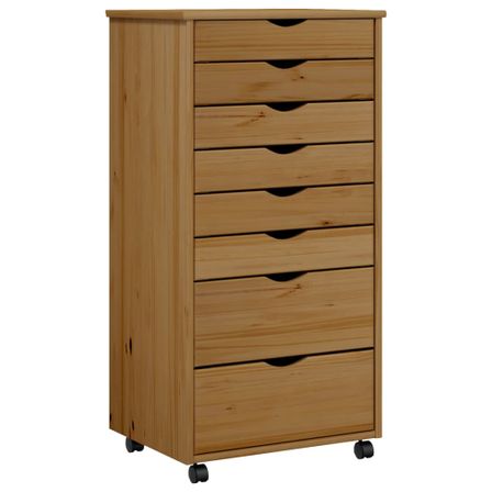 Armoire de bureau en bois pin massif sur roulettes Klasko H 103 cm - 8 tiroirs