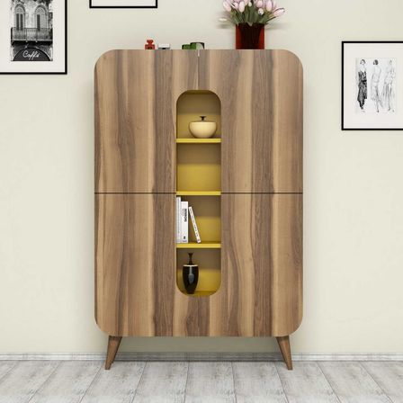 Armoire de rangement 2 portes bois noyer et jaune Berkal 93 cm