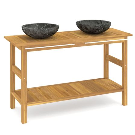 Armoire de salle de bain et lavabos ronds en marbre noir Teck massif